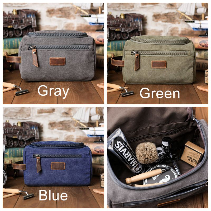 Groomsmen Gifts - Toiletry Bag, Dopp Kit, Brown Leather and Gray Canvas with Flip Top Open, Best Man, Groomsman, Wedding Gift,Christmas gift - icambag