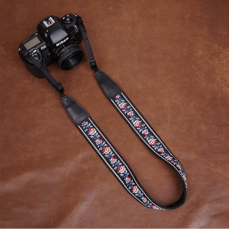 Embroidered Style Red Flowers Canon Handmade Leather Camera Strap 7548 - icambag