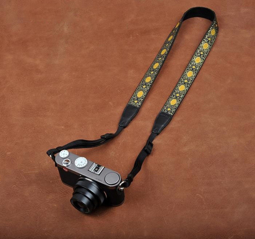 Embroidery Style Yellow Strap Sony Nikon Canon Handmade Leather Camera Strap 8406 - icambag