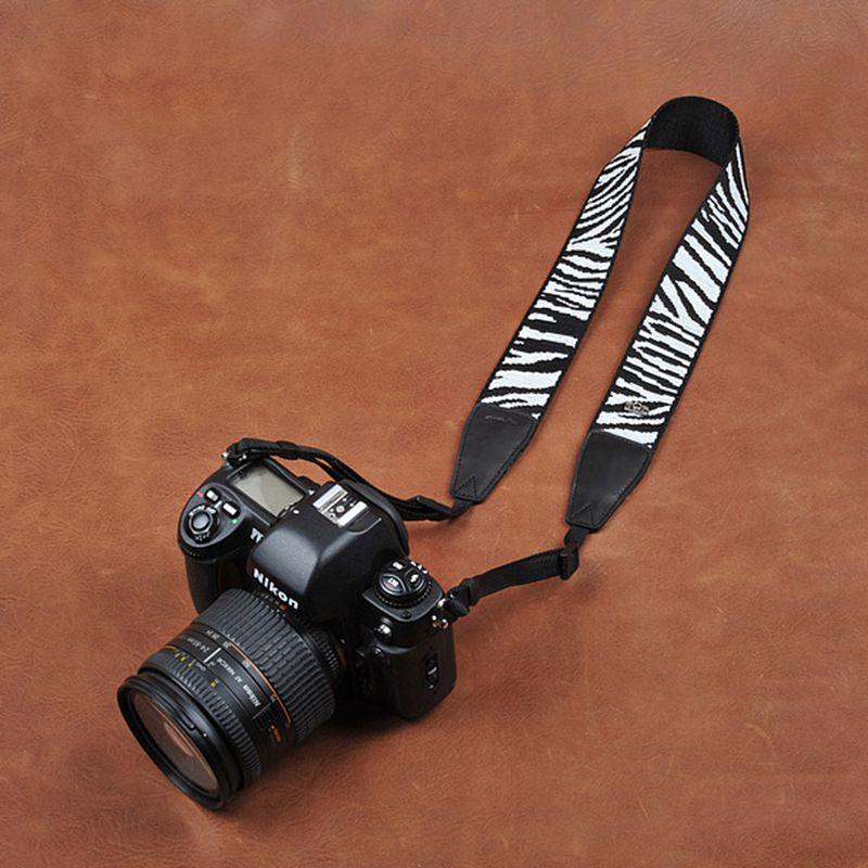 Black White Stripe Cotton Strap Leather DSLR Camera Strap 8263 - icambag