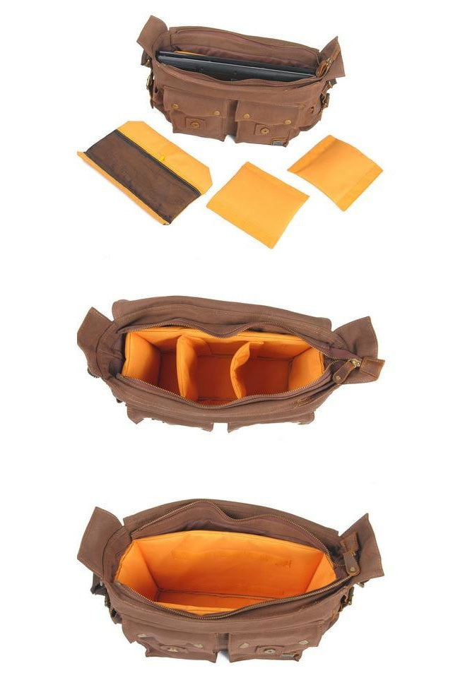 Dark Coffee DSLR Vintage Canvas Leather Camera Bag - icambag