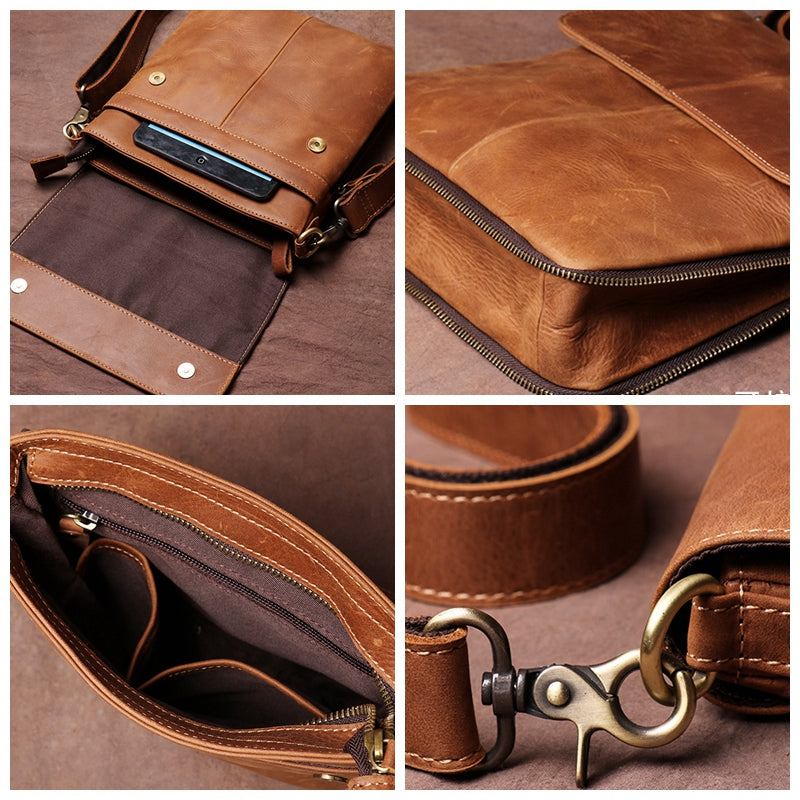 Men's Leather Handmade Retro Leather Bag Casual Leather Single Shoulder Bag Simple Cross Body bag Message Bag - icambag