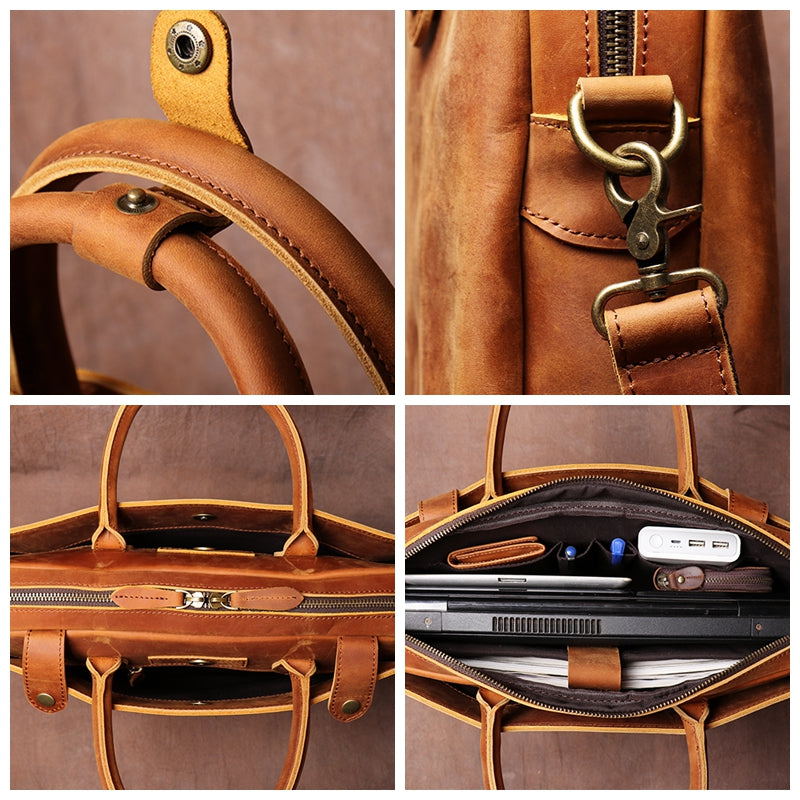 Men's Vintage Cowhide Carrying Briefcase Leather Cross Body Bag Mandmade Crazy Horse Leather File Computer Bag - icambag