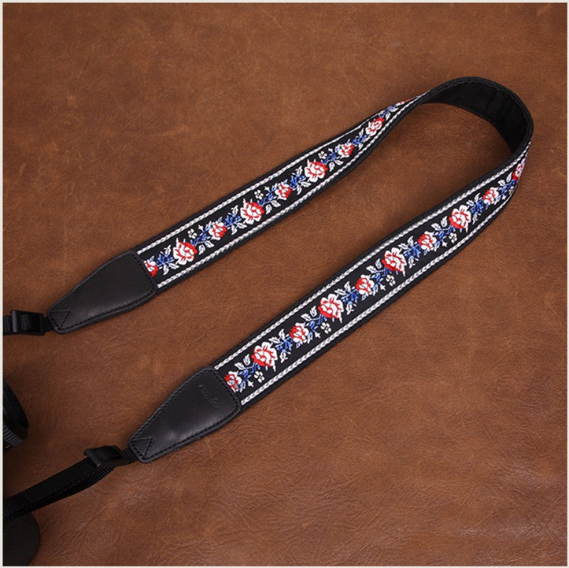 Embroidered Style Red Flowers Canon Handmade Leather Camera Strap 7548 - icambag