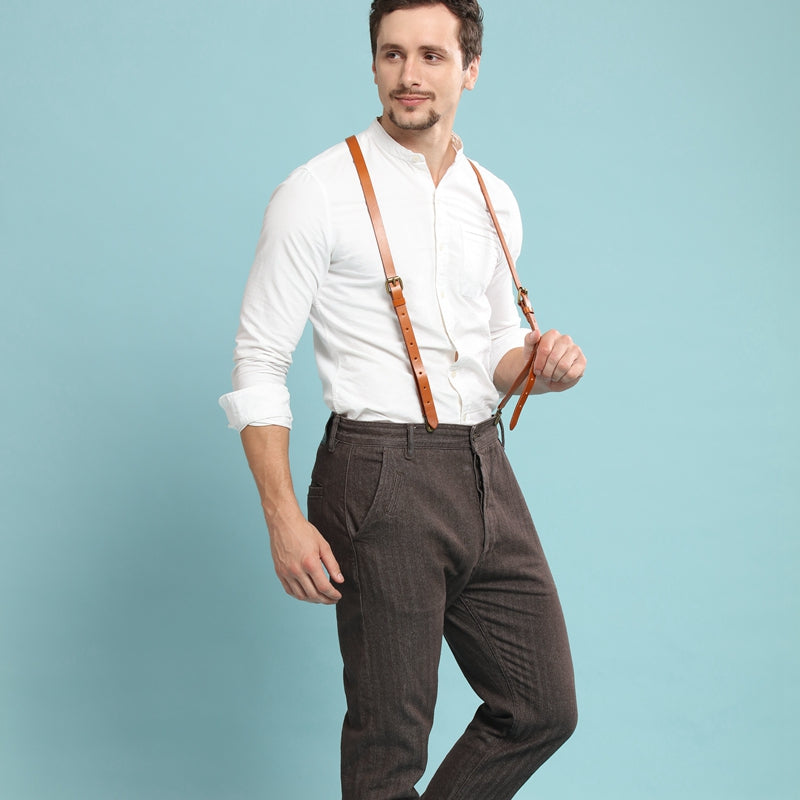 Wedding Groomsmen Suspender, Black Coffee Leather Suspenders,Suspenders for men - icambag