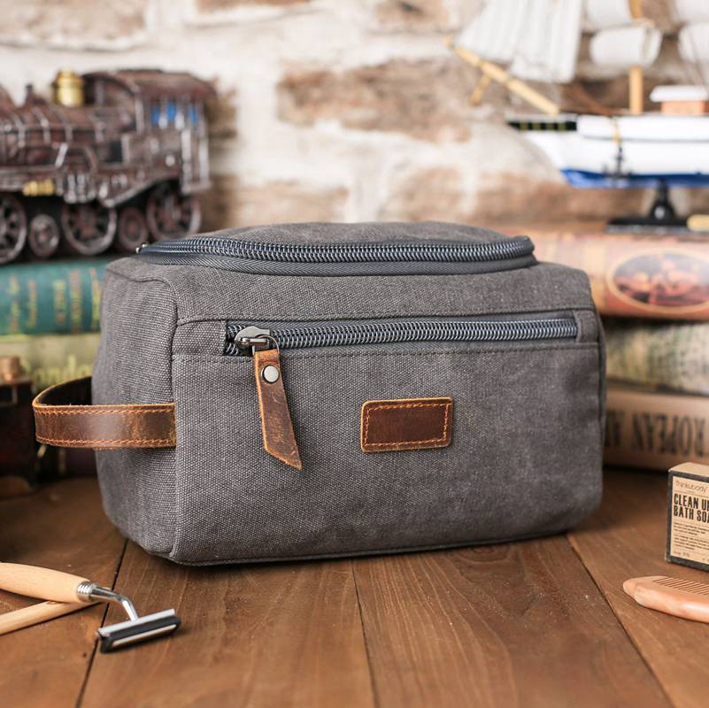 Groomsmen Gifts - Toiletry Bag, Dopp Kit, Brown Leather and Gray Canvas with Flip Top Open, Best Man, Groomsman, Wedding Gift,Christmas gift - icambag