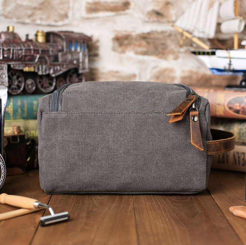 Groomsmen Gifts - Toiletry Bag, Dopp Kit, Brown Leather and Gray Canvas with Flip Top Open, Best Man, Groomsman, Wedding Gift,Christmas gift - icambag