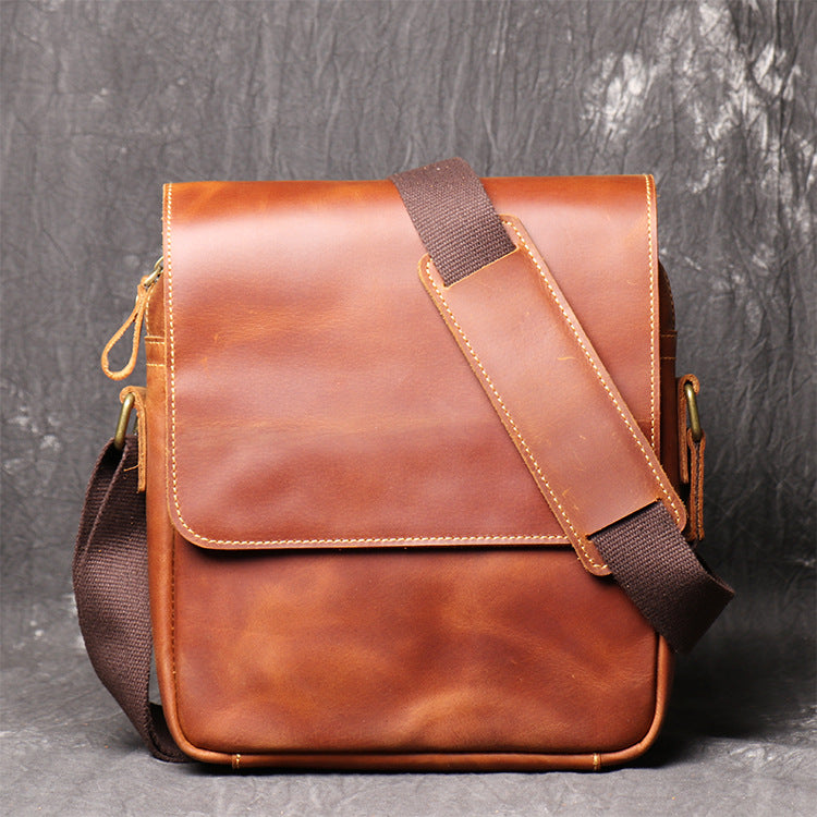 Handmade Leather Shoulder Bagcrazy Horse Leather Cross-Body Bag Retro Fashion Cowhide Ipad Bag Message Bag - icambag