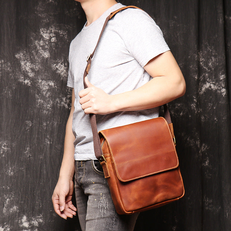 Handmade Leather Shoulder Bagcrazy Horse Leather Cross-Body Bag Retro Fashion Cowhide Ipad Bag Message Bag - icambag