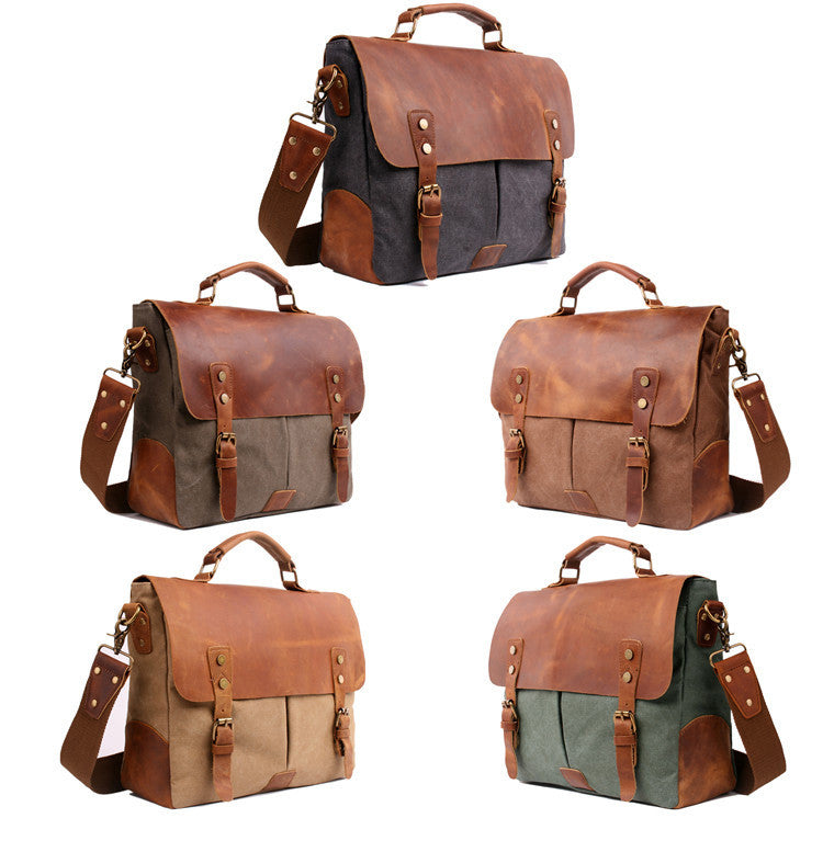 Messenger Bag Satchel Vintage Canvas Leather 13"(L)x10.5"(H) x 4.1"(W) (Coffee) - icambag