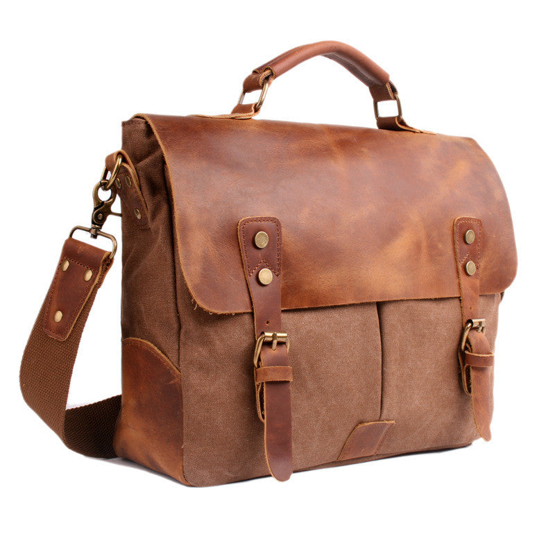 Messenger Bag Satchel Vintage Canvas Leather 13"(L)x10.5"(H) x 4.1"(W) (Coffee) - icambag