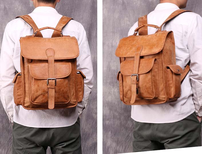 Men's Casual Backpack Leather Outdoor Bag Retro Travel Bag B11067 - icambag