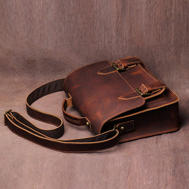 Handmade Crazy Horse Leather Retro Postman Bag Carrying Bag Cowhide Cross Body Bag Message Bag - icambag