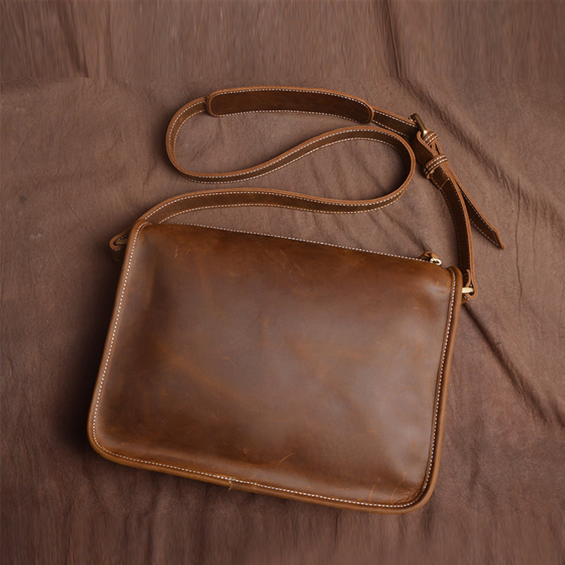 Handmade Casual Vintage Crazy Horse Skin Single Shoulder Bag Simple Leather Messenger Bag Cross Body Bag - icambag