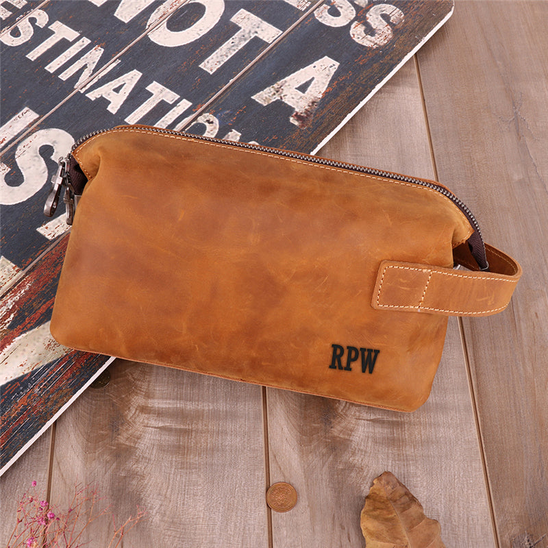 Personalized Groomsmen Gift, Adjustable Leather Dopp Kit Toiletry Bag Travel Bag Gift for Husband Dad Grad Boyfriend - icambag