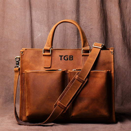 Vintage Men's Handbag Briefcase Leather Bag Computer Bag Cross Body Bag Handmade Crazy Horse Skin Shoulder bag - icambag