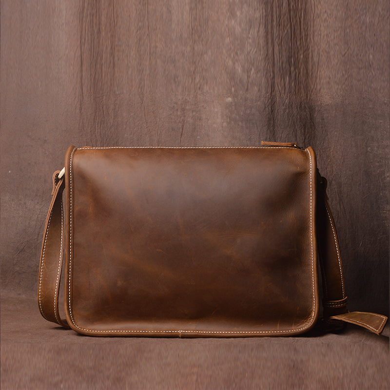 Handmade Casual Vintage Crazy Horse Skin Single Shoulder Bag Simple Leather Messenger Bag Cross Body Bag - icambag