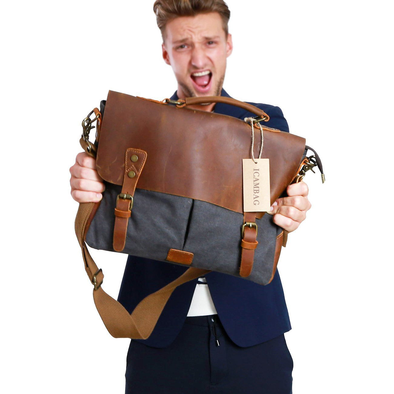 Messenger Satchel bag for men and women,Vintage canvas real leather 14-inch Laptop Briefcase - icambag