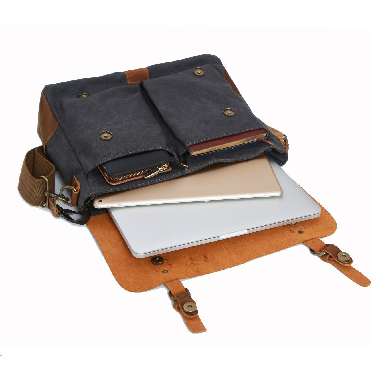 Messenger Satchel bag for men and women,Vintage canvas real leather 14-inch Laptop Briefcase - icambag