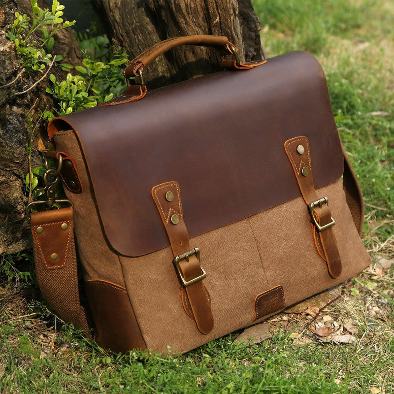Satchel Messenger Bag for men Vintage Real Leather Canvas 15.6-inch Laptop messenger bag/ Briefcase - icambag