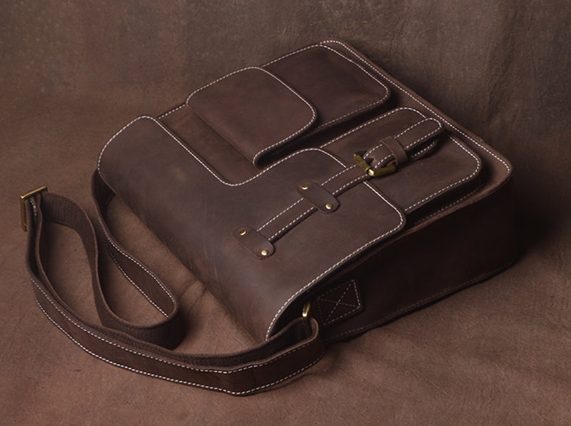 Crazy Horse Leather Shoulder Bag, Black Crossbody Bag for Men, Leather Messenger Bag, Groomsmen Gift