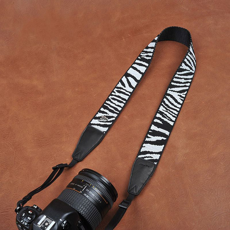 Black White Stripe Cotton Strap Leather DSLR Camera Strap 8263 - icambag