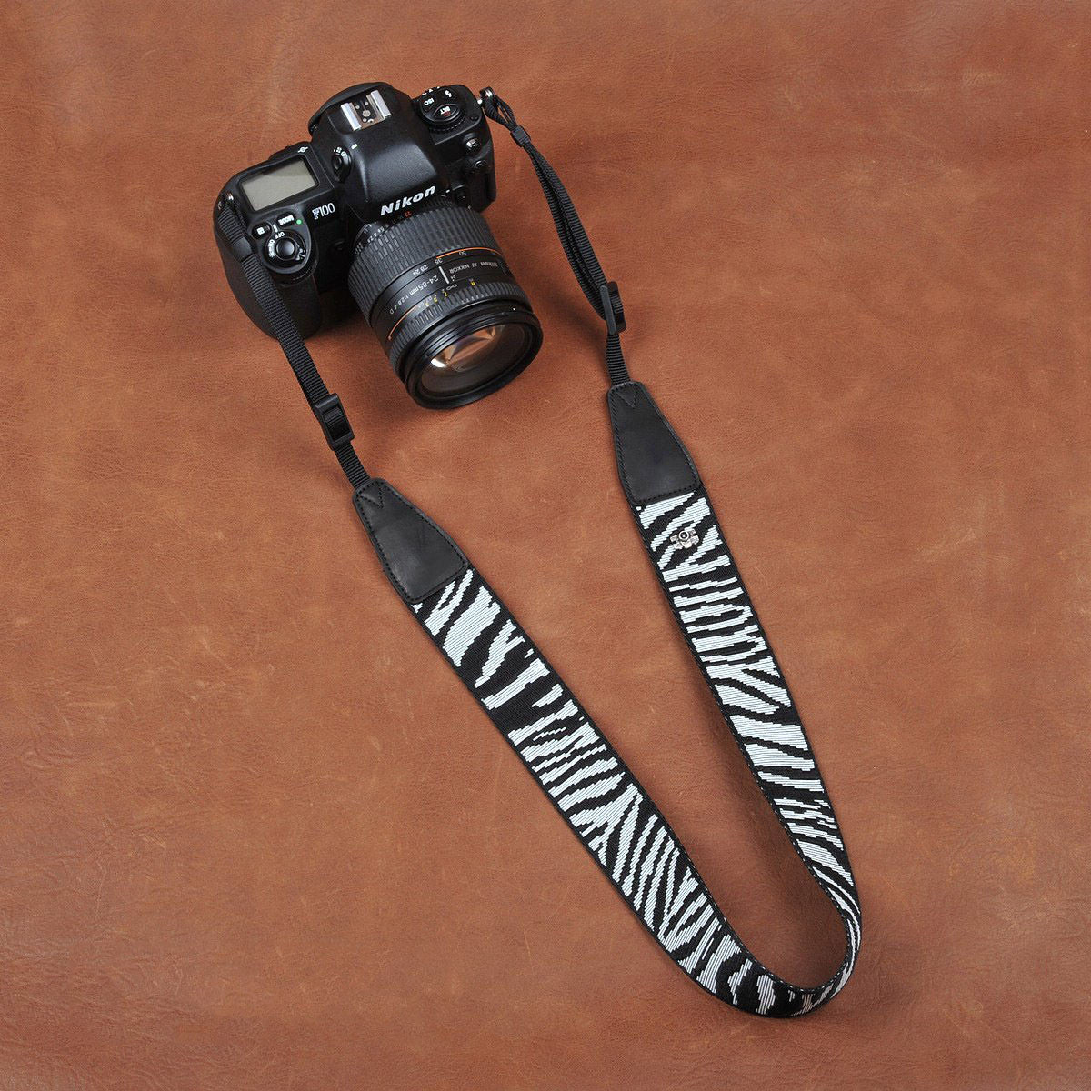 Black White Stripe Cotton Strap Leather DSLR Camera Strap 8263 - icambag