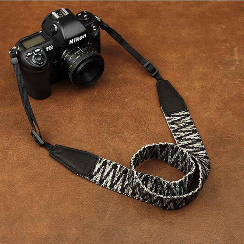 Black White Stripes Leather Camera Strap For Sony/Nikon/Canon - icambag
