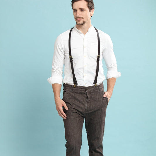 Wedding Groomsmen Suspender, Black Coffee Leather Suspenders,Suspenders for men - icambag