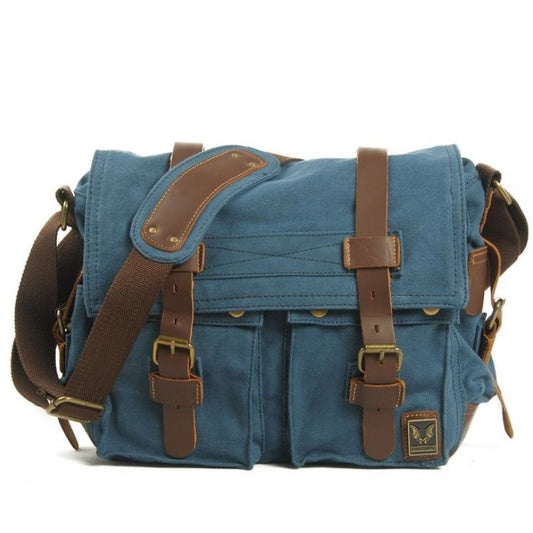 Blue Canvas DSLR Leather Camera Bag - icambag