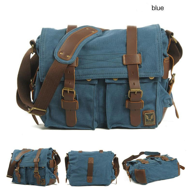 Blue Canvas DSLR Leather Camera Bag - icambag