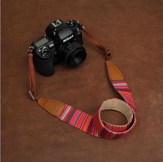 DSLR Camera Red Stripe Handmade Leather Camera Strap 7221 - icambag