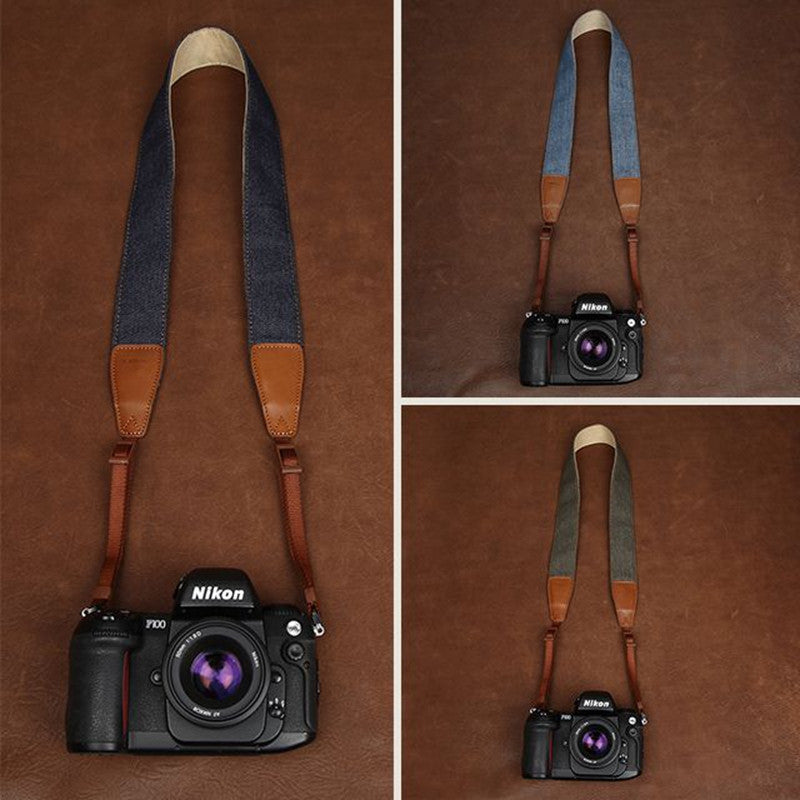 Simple Clean Cowboy Red and Light Blue Handmade Leather DSLR Camera Strap CS049 - icambag