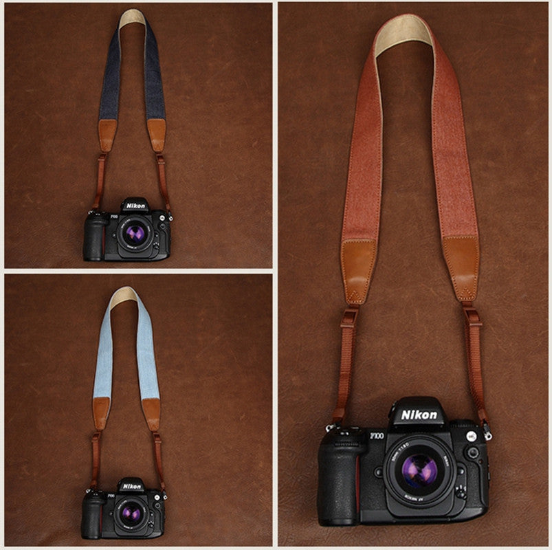 Simple Clean Cowboy Red and Light Blue Handmade Leather DSLR Camera Strap CS049 - icambag