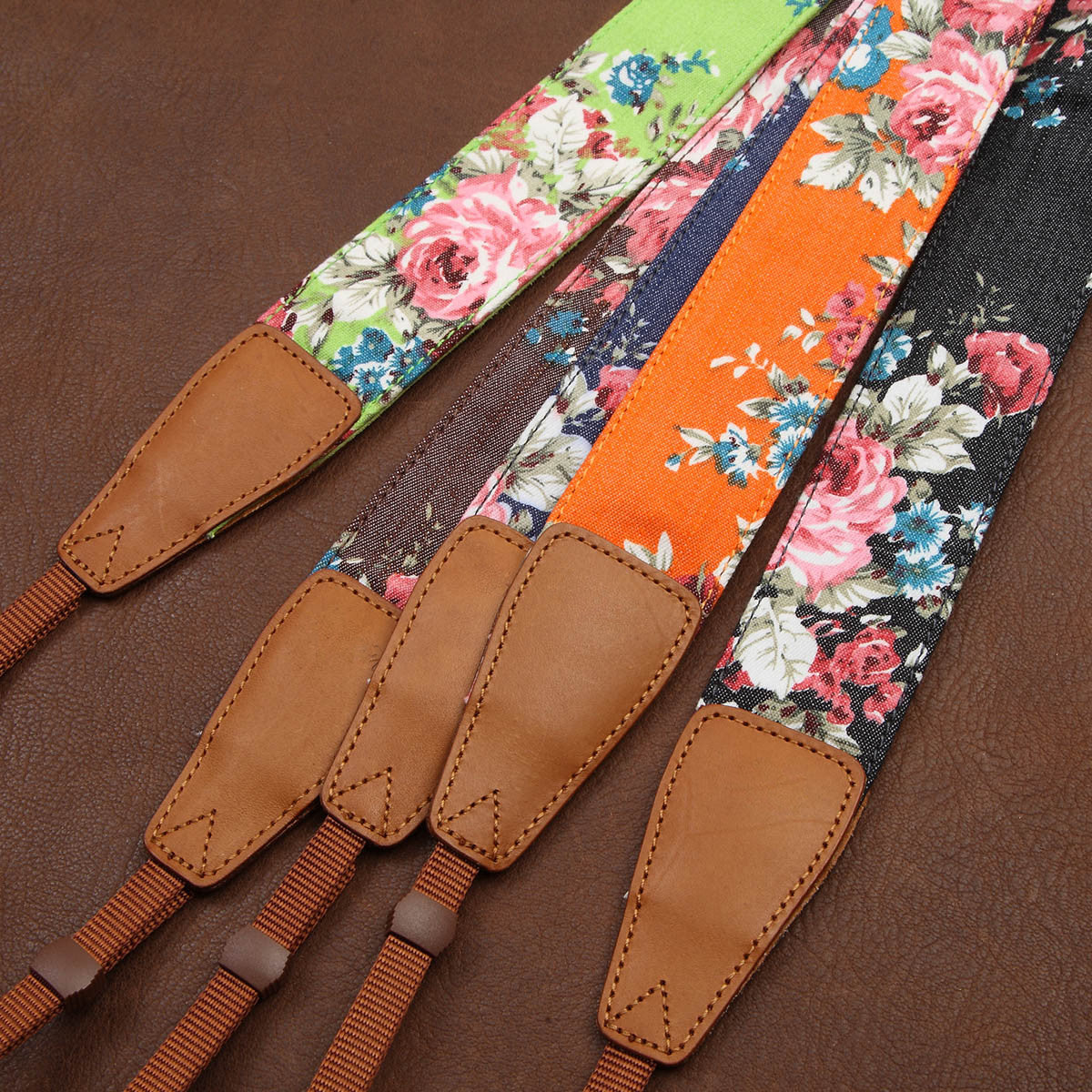 Green Cowboy Flower  Handmade Leather Camera Strap Brown - icambag