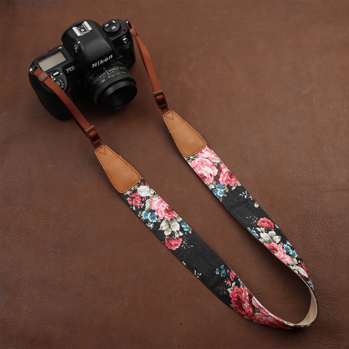 Green Cowboy Flower  Handmade Leather Camera Strap Brown - icambag