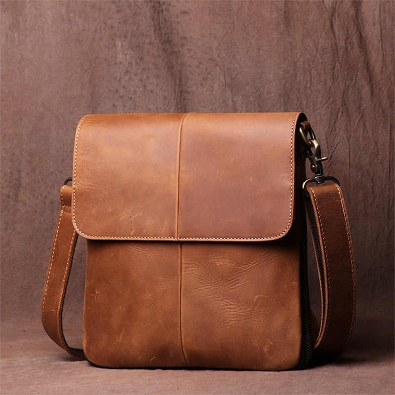 Men's Leather Handmade Retro Leather Bag Casual Leather Single Shoulder Bag Simple Cross Body bag Message Bag - icambag