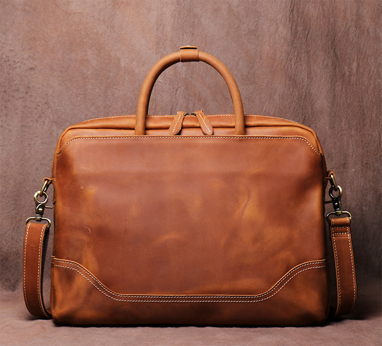 Men's Vintage Cowhide Carrying Briefcase Leather Cross Body Bag Mandmade Crazy Horse Leather File Computer Bag - icambag