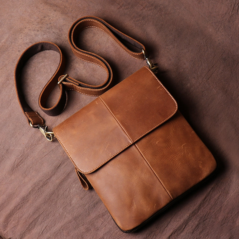 Men's Leather Handmade Retro Leather Bag Casual Leather Single Shoulder Bag Simple Cross Body bag Message Bag - icambag