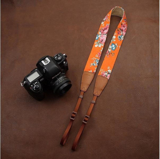 Orange Big Flower National Wind Camera Strap Handmade Leather Camera Strap Brown 7136 - icambag