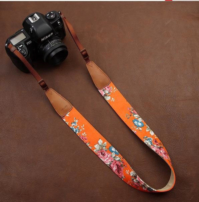 Orange Big Flower National Wind Camera Strap Handmade Leather Camera Strap Brown 7136 - icambag