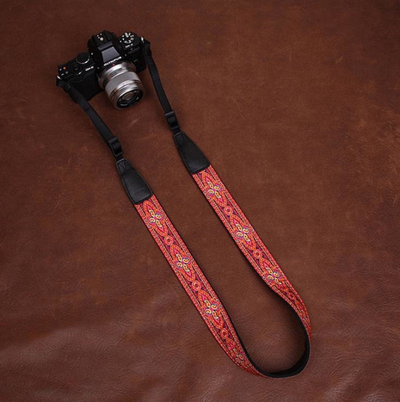 Red Pattern Strap Handmade Leather Camera Strap Bohemia Style 7449 - icambag