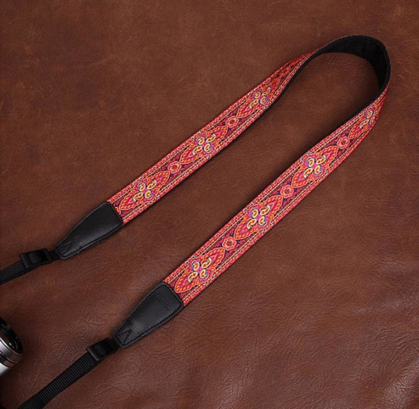 Red Pattern Strap Handmade Leather Camera Strap Bohemia Style 7449 - icambag