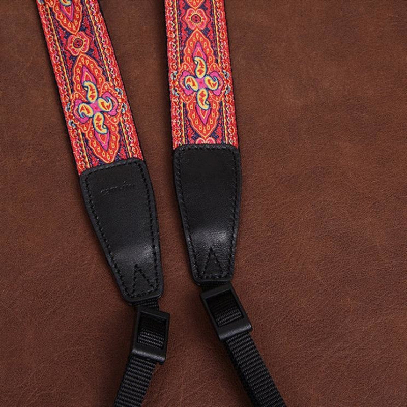 Red Pattern Strap Handmade Leather Camera Strap Bohemia Style 7449 - icambag