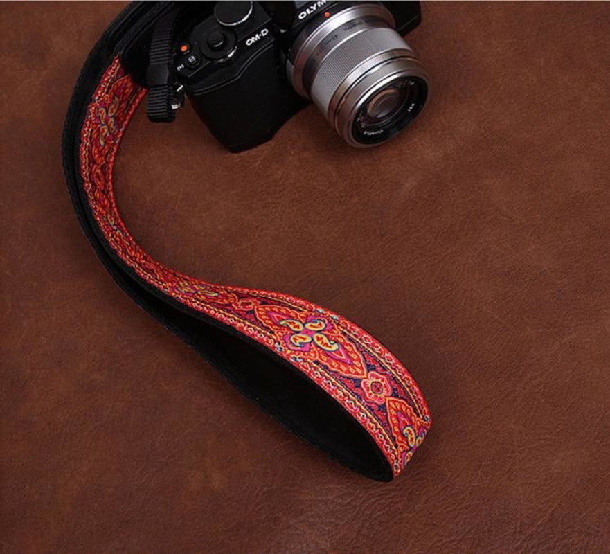 Red Pattern Strap Handmade Leather Camera Strap Bohemia Style 7449 - icambag