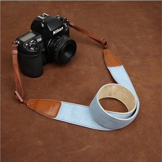 Simple Clean Cowboy Red and Light Blue Handmade Leather DSLR Camera Strap CS049 - icambag