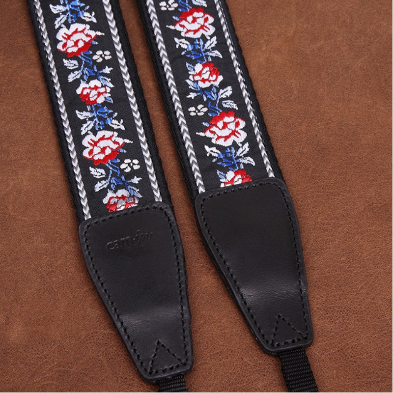 Embroidered Style Red Flowers Canon Handmade Leather Camera Strap 7548 - icambag
