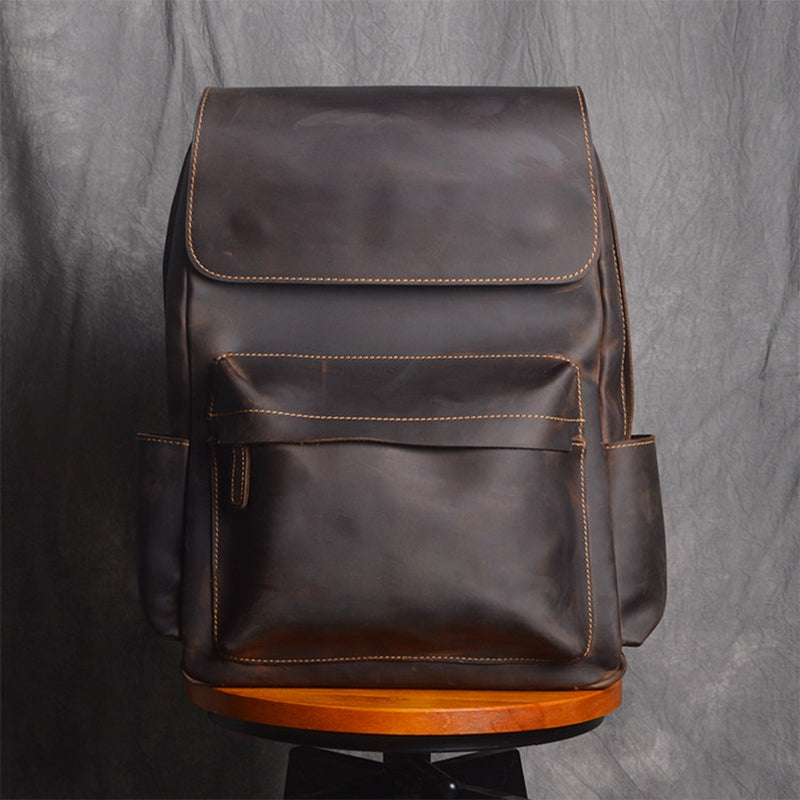 Retro New Crazy Horse Leather Backpacks Casual Travel Bags Leather Handcrafted High Volume Backpacks - icambag