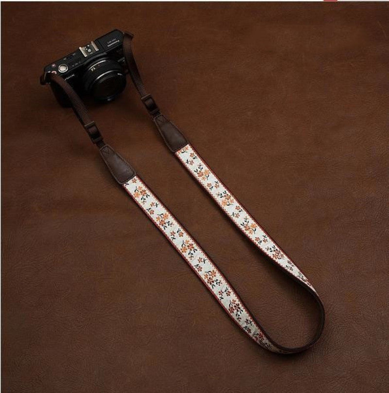 White Floral Embroidery Series brown Handmade DSLR Leather Camera Strap 7547 - icambag