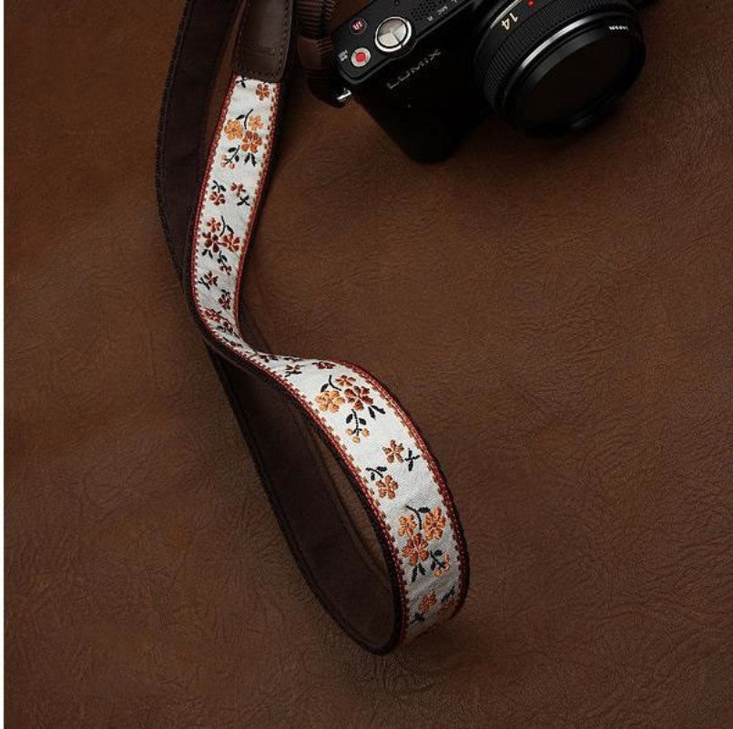 White Floral Embroidery Series brown Handmade DSLR Leather Camera Strap 7547 - icambag